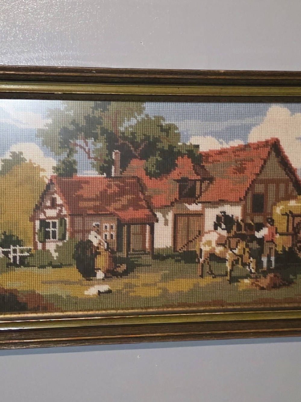 Framed Countryside Cottage Cross-Stitch Wall Art - Red Roof